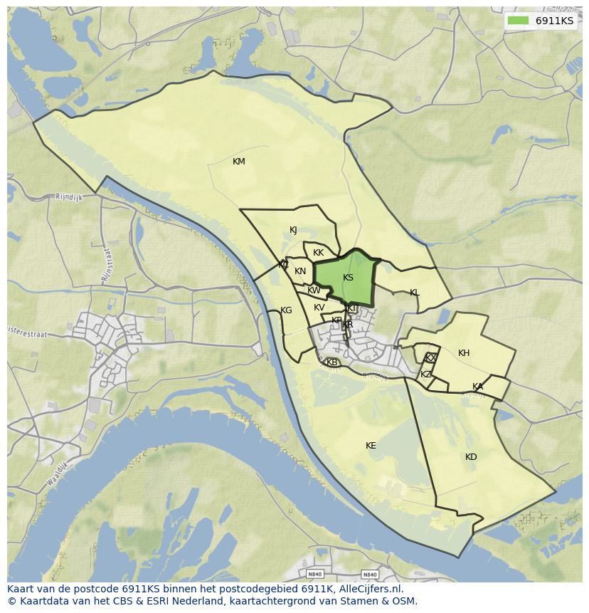 Afbeelding van het postcodegebied 6911 KS op de kaart.