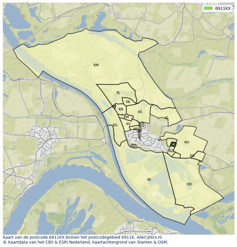 Afbeelding van het postcodegebied 6911 KX op de kaart.
