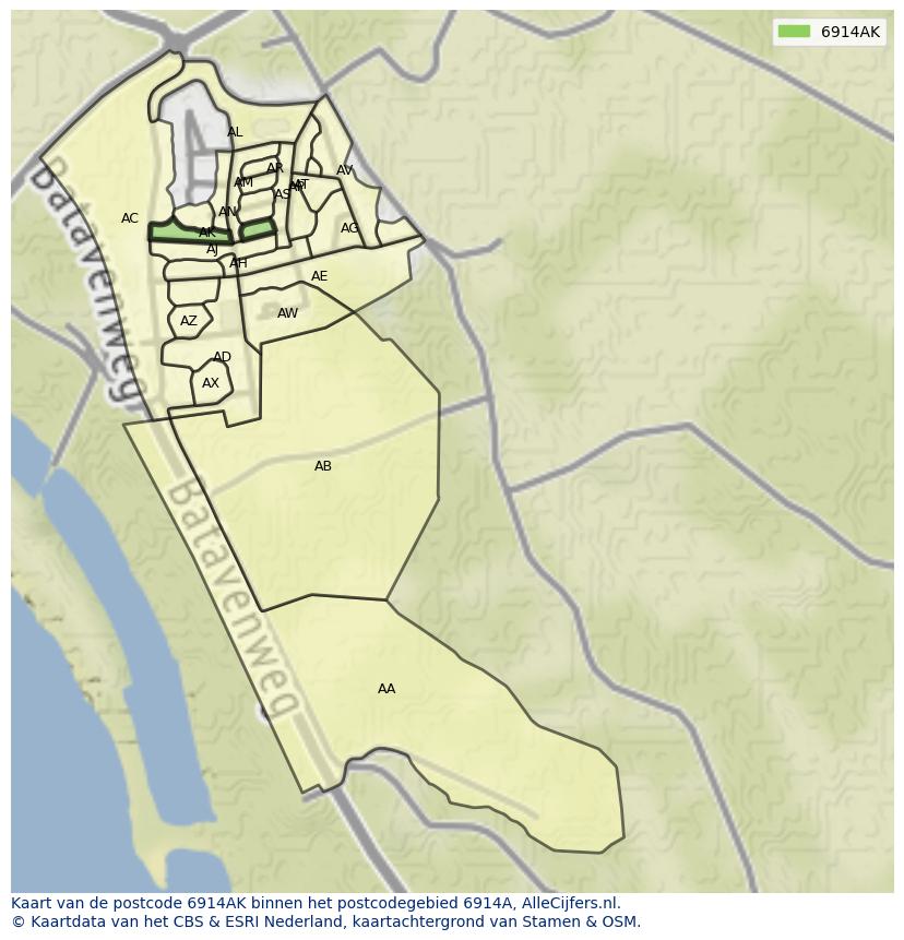 Afbeelding van het postcodegebied 6914 AK op de kaart.