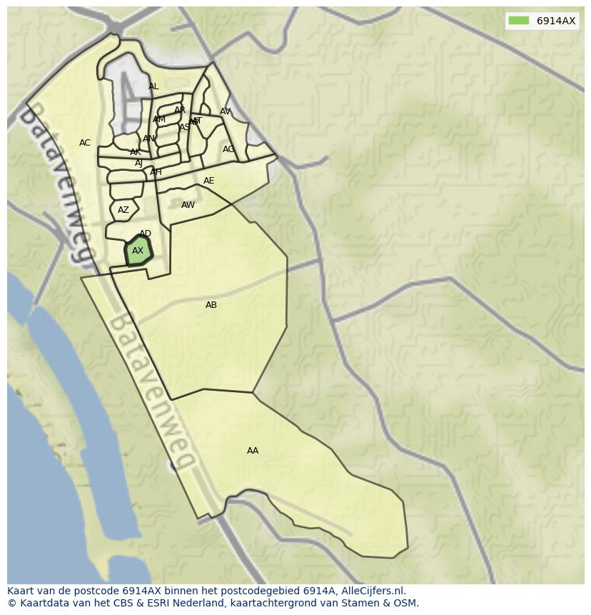 Afbeelding van het postcodegebied 6914 AX op de kaart.