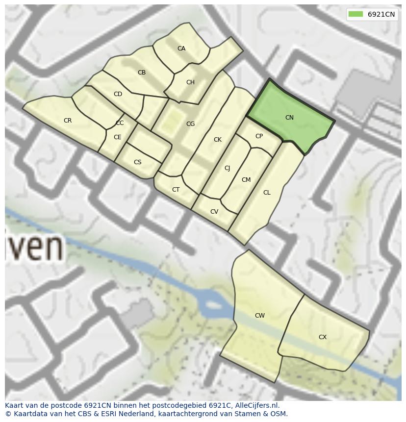 Afbeelding van het postcodegebied 6921 CN op de kaart.