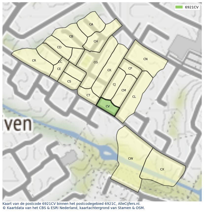 Afbeelding van het postcodegebied 6921 CV op de kaart.