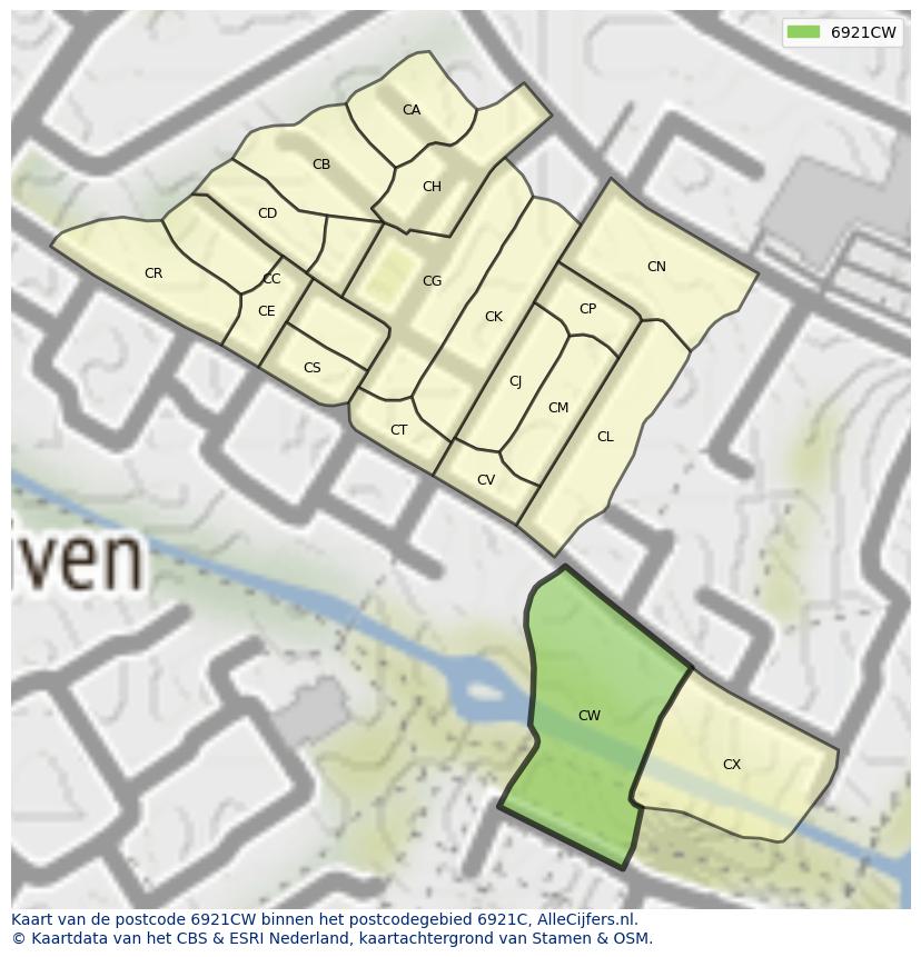 Afbeelding van het postcodegebied 6921 CW op de kaart.