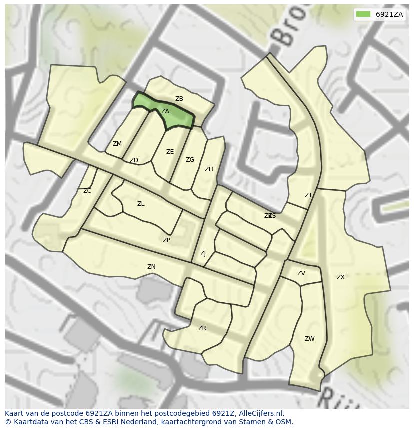 Afbeelding van het postcodegebied 6921 ZA op de kaart.