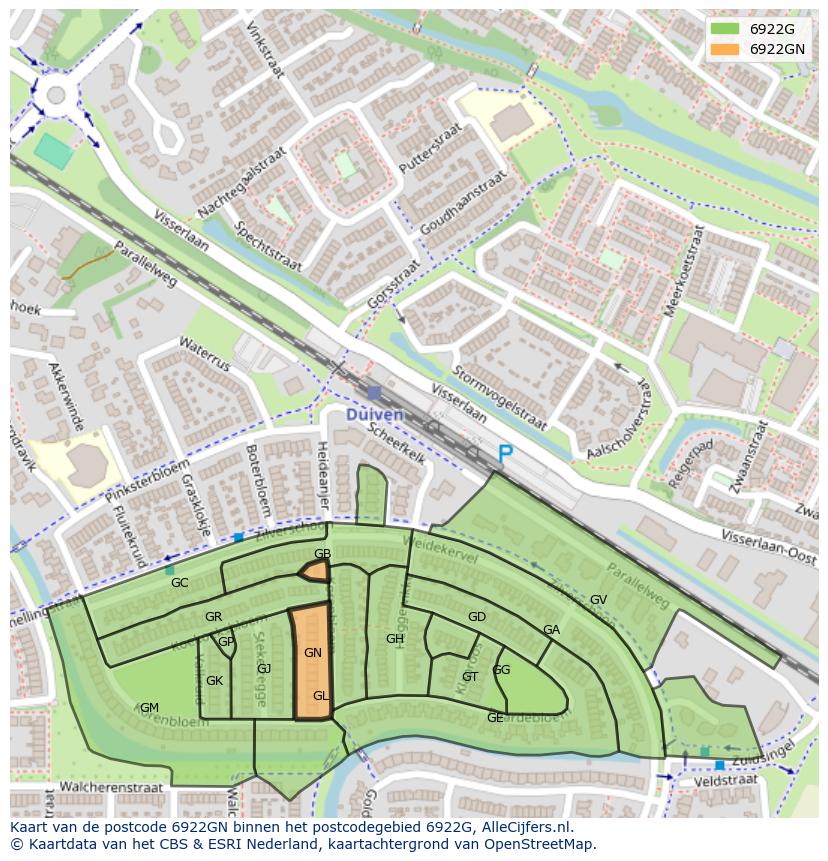Afbeelding van het postcodegebied 6922 GN op de kaart.
