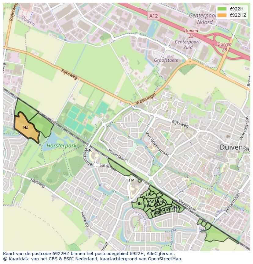 Afbeelding van het postcodegebied 6922 HZ op de kaart.