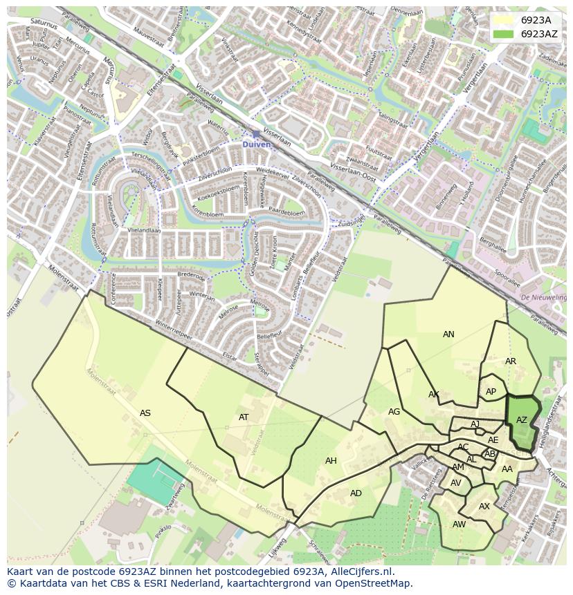 Afbeelding van het postcodegebied 6923 AZ op de kaart.