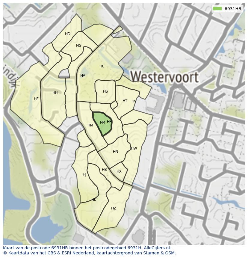 Afbeelding van het postcodegebied 6931 HR op de kaart.