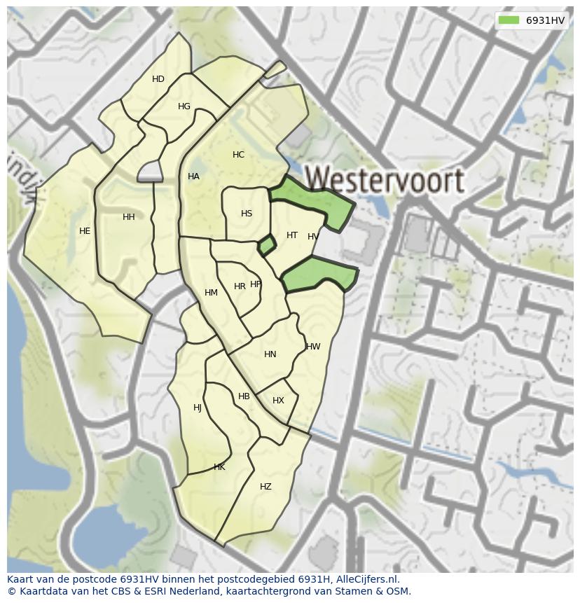 Afbeelding van het postcodegebied 6931 HV op de kaart.