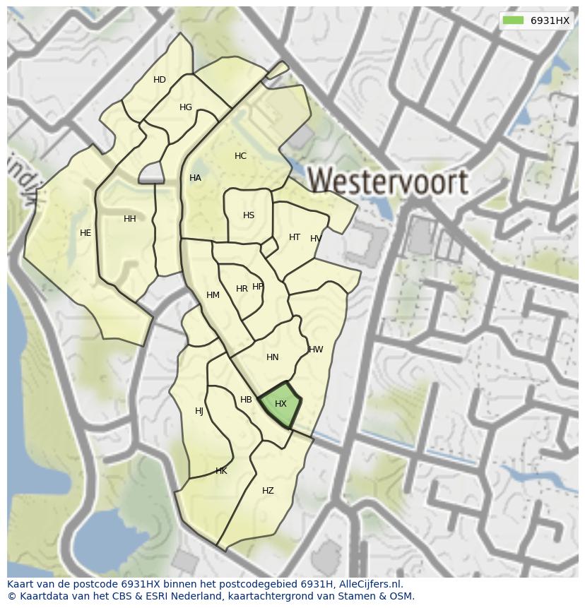 Afbeelding van het postcodegebied 6931 HX op de kaart.