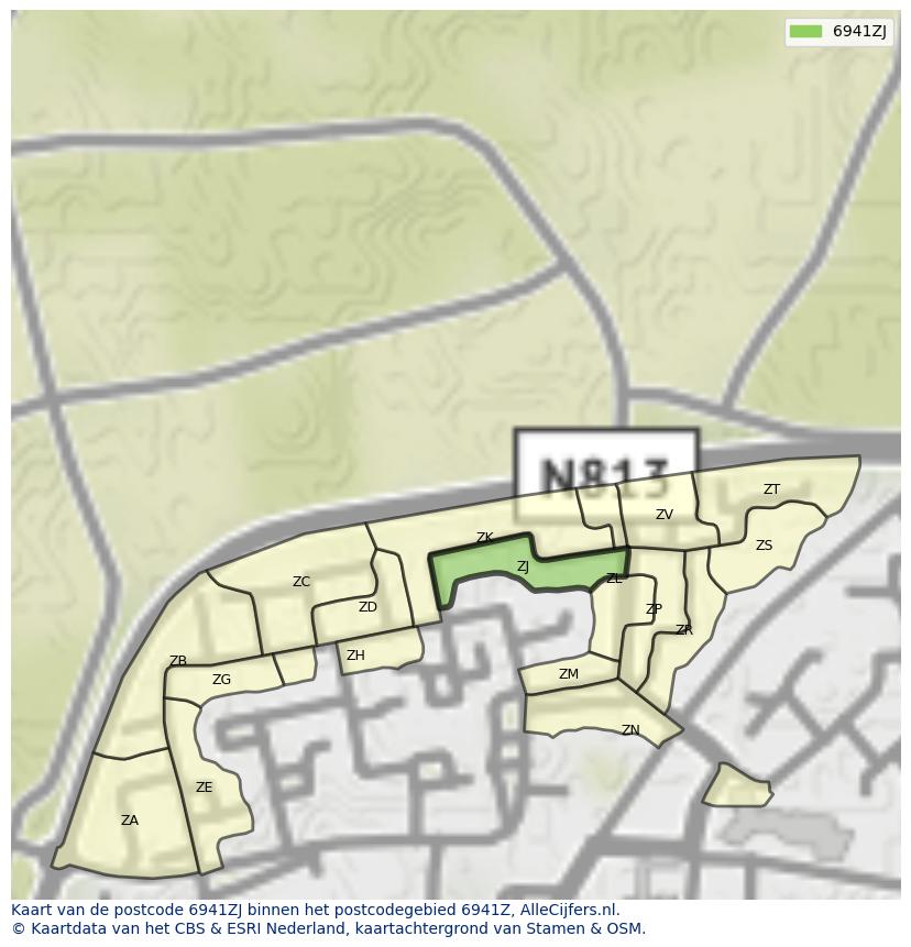 Afbeelding van het postcodegebied 6941 ZJ op de kaart.