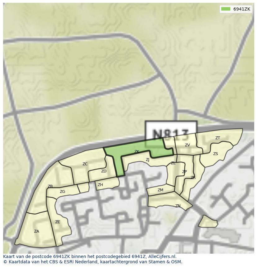 Afbeelding van het postcodegebied 6941 ZK op de kaart.