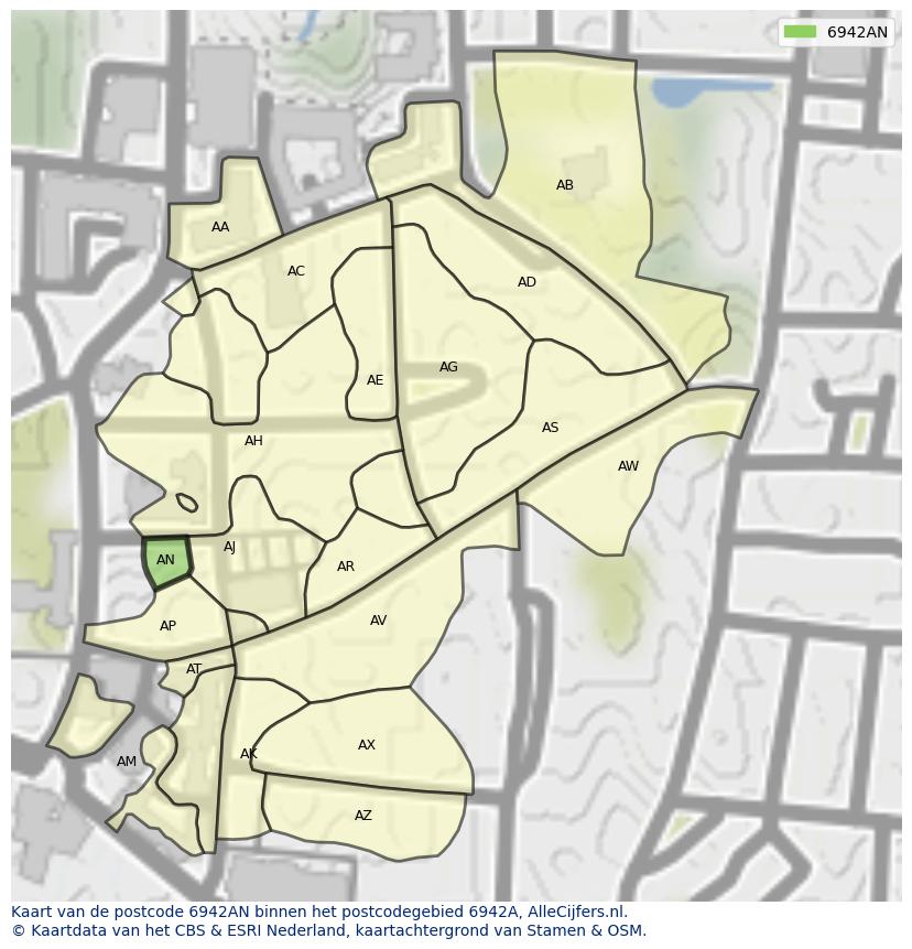 Afbeelding van het postcodegebied 6942 AN op de kaart.