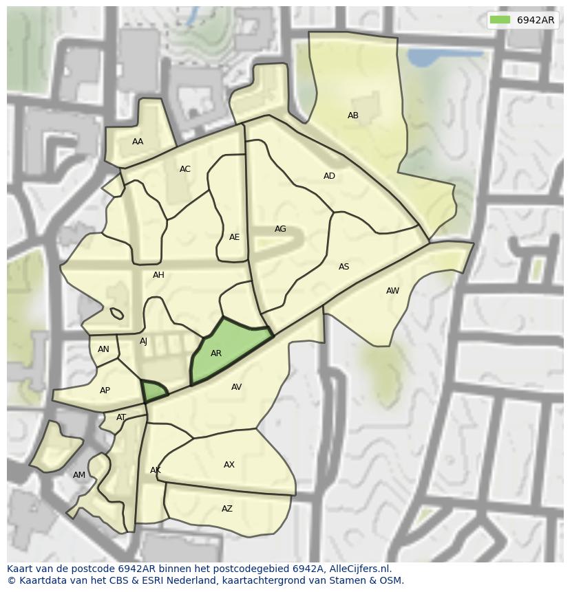 Afbeelding van het postcodegebied 6942 AR op de kaart.