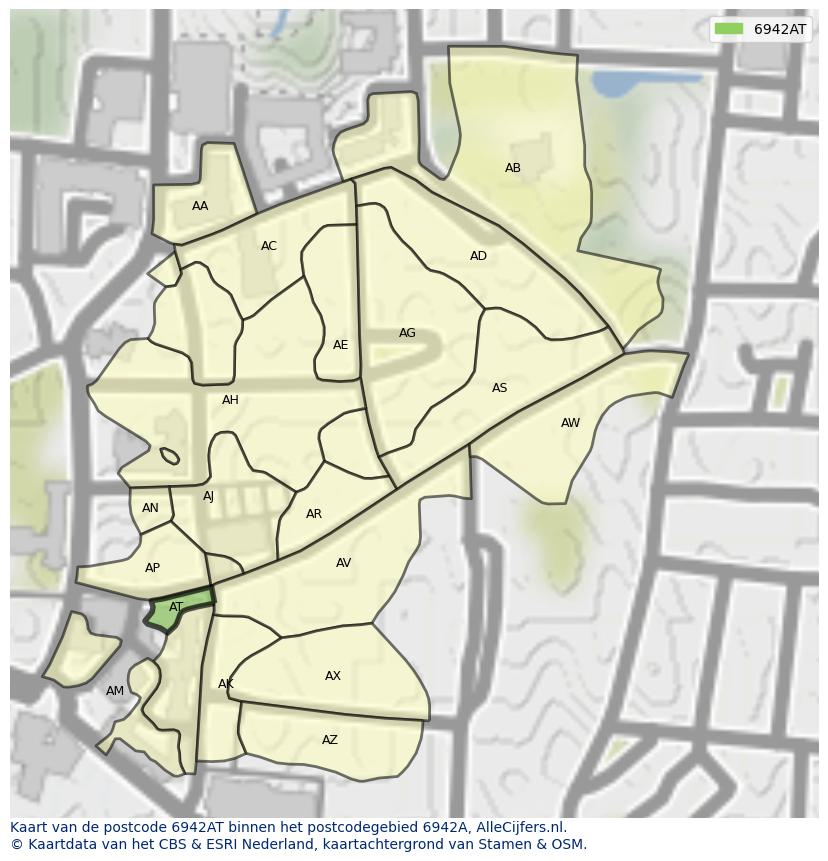 Afbeelding van het postcodegebied 6942 AT op de kaart.