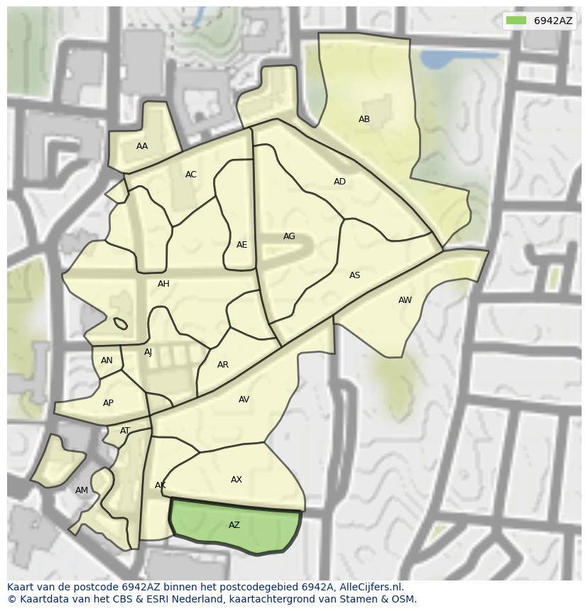 Afbeelding van het postcodegebied 6942 AZ op de kaart.