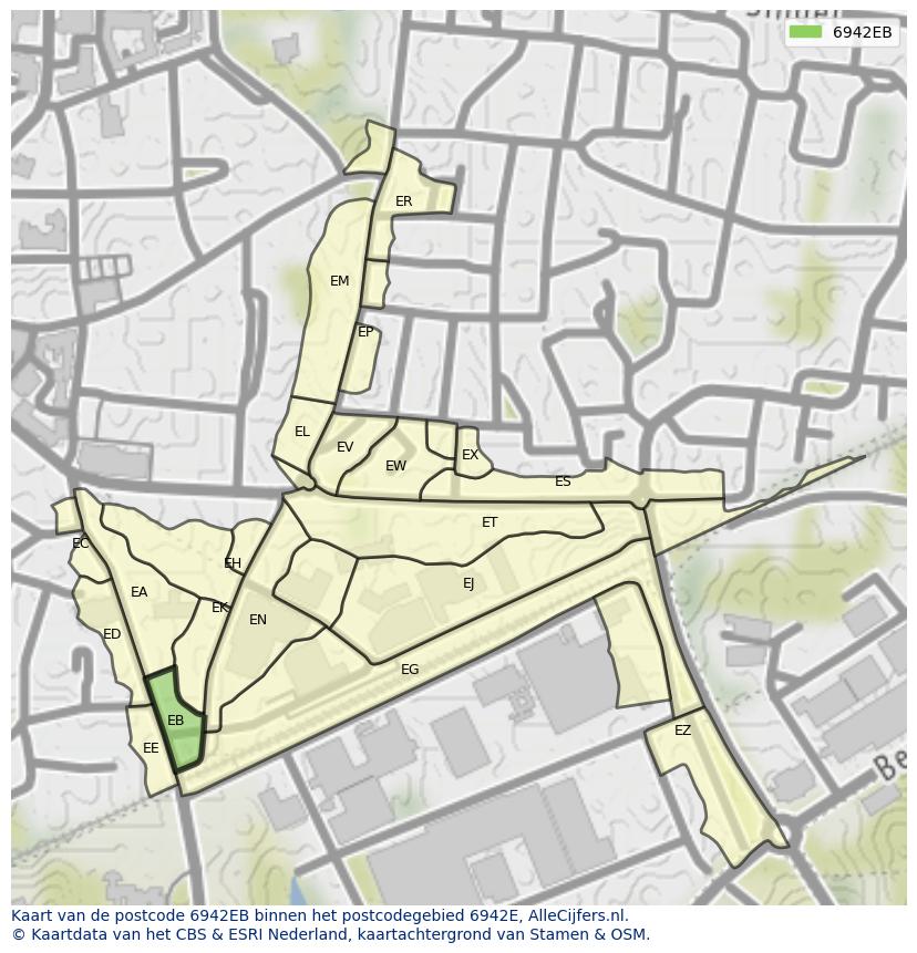 Afbeelding van het postcodegebied 6942 EB op de kaart.