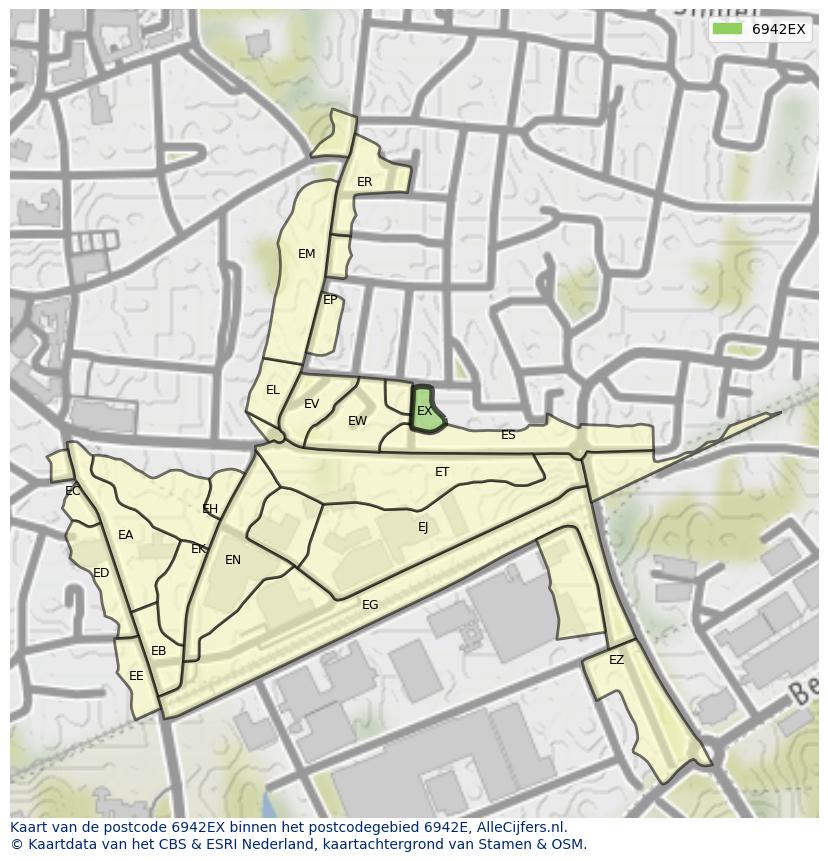 Afbeelding van het postcodegebied 6942 EX op de kaart.