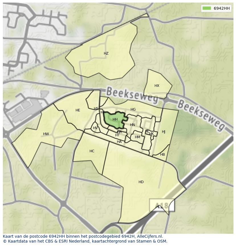 Afbeelding van het postcodegebied 6942 HH op de kaart.