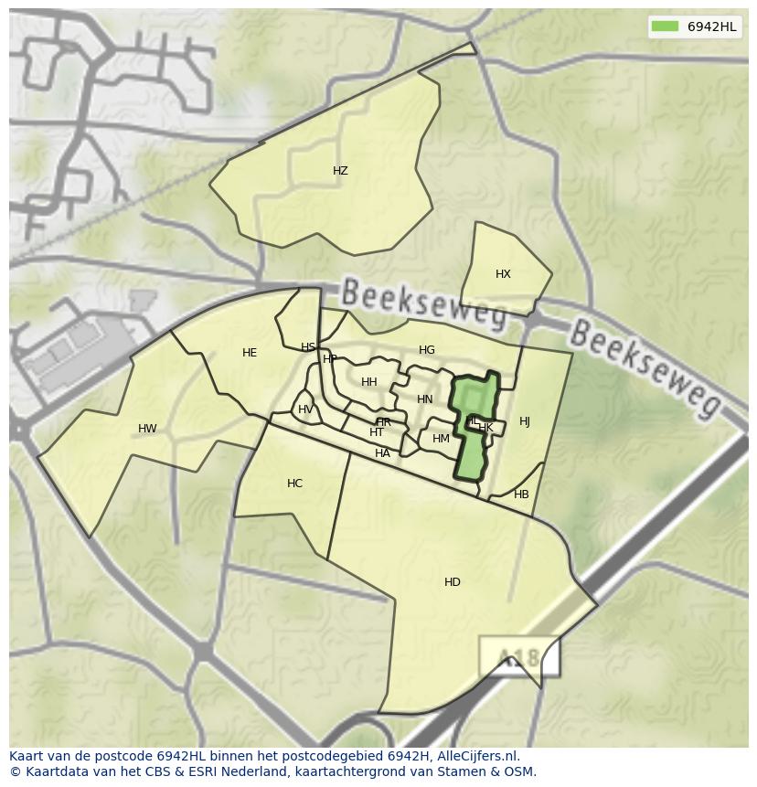 Afbeelding van het postcodegebied 6942 HL op de kaart.