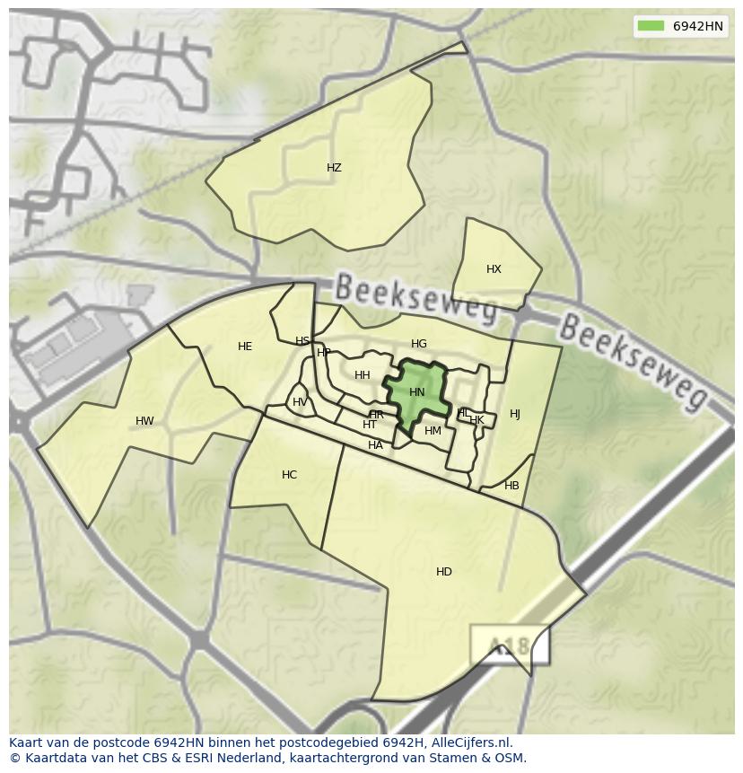 Afbeelding van het postcodegebied 6942 HN op de kaart.