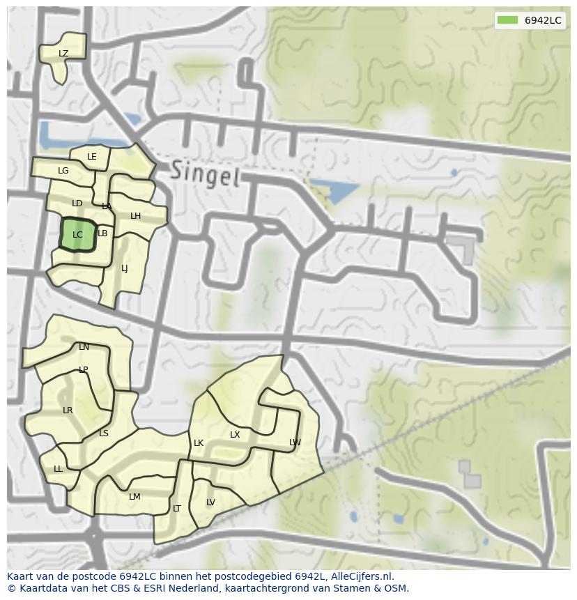 Afbeelding van het postcodegebied 6942 LC op de kaart.