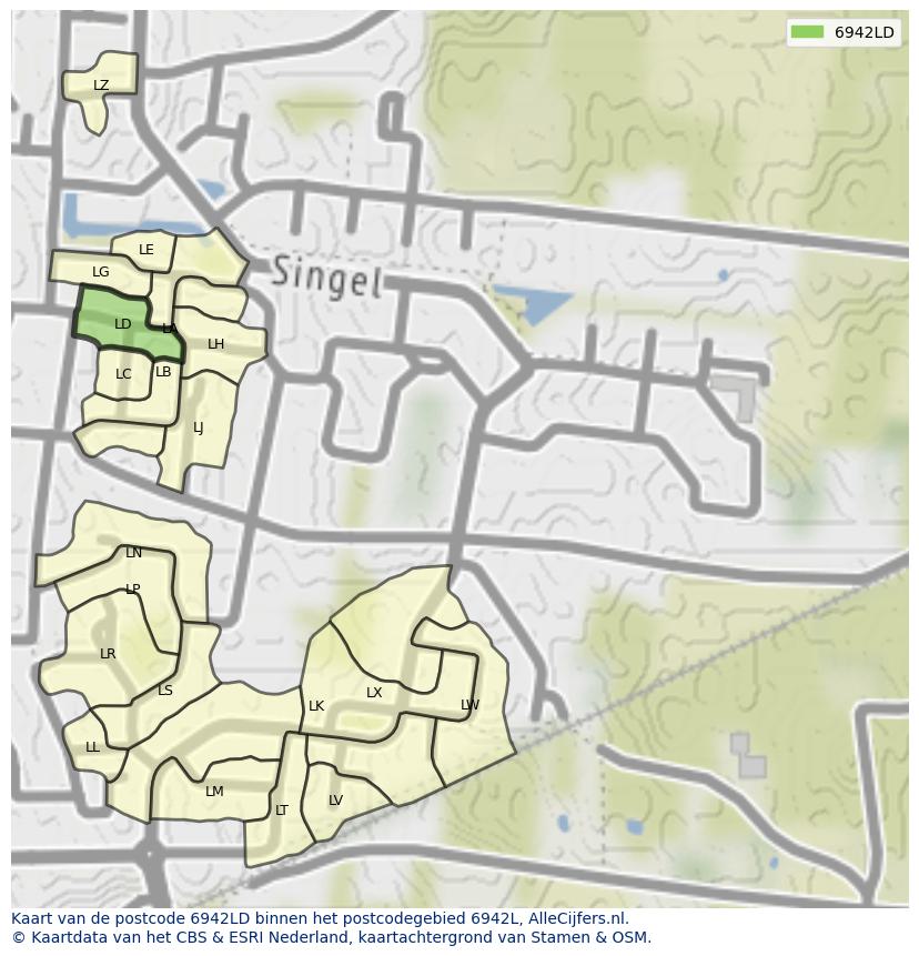 Afbeelding van het postcodegebied 6942 LD op de kaart.