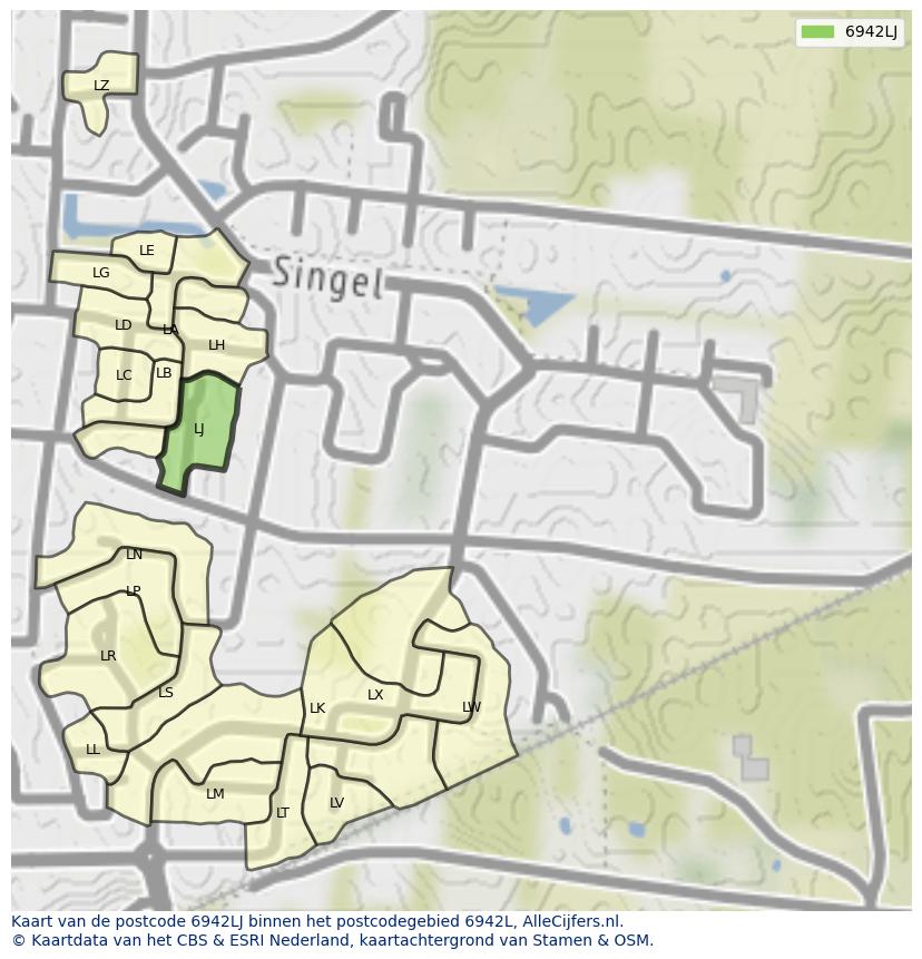 Afbeelding van het postcodegebied 6942 LJ op de kaart.