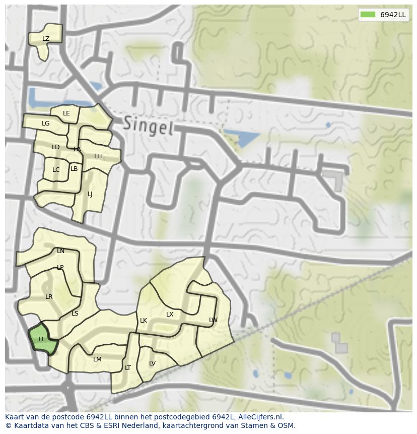 Afbeelding van het postcodegebied 6942 LL op de kaart.