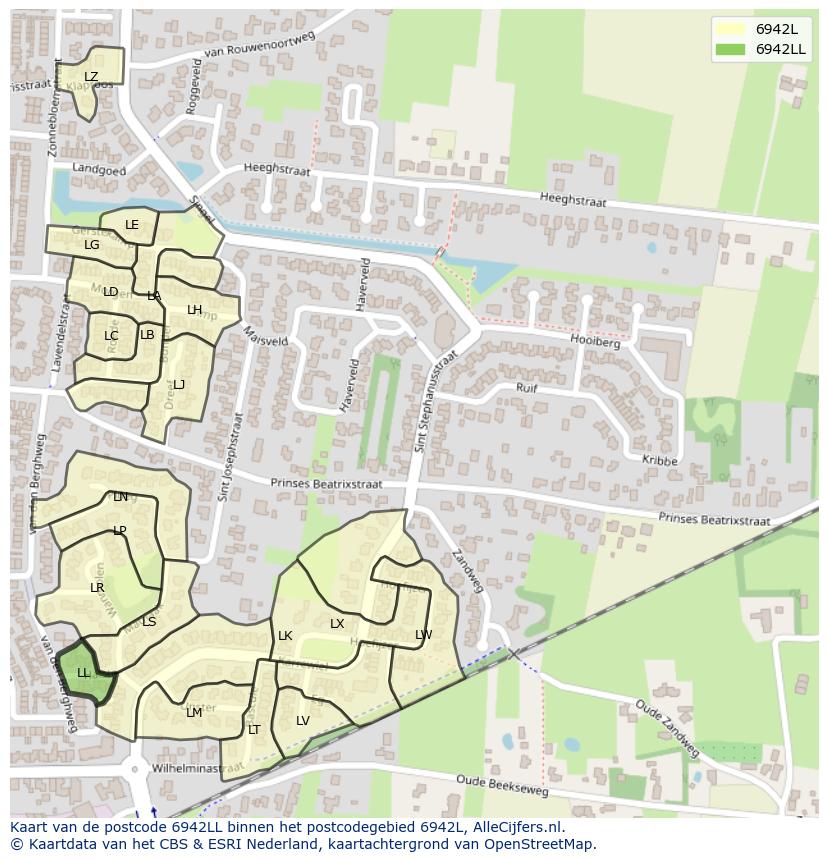 Afbeelding van het postcodegebied 6942 LL op de kaart.
