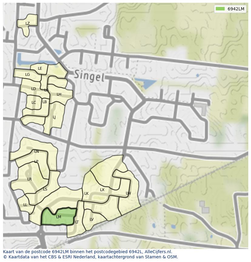 Afbeelding van het postcodegebied 6942 LM op de kaart.