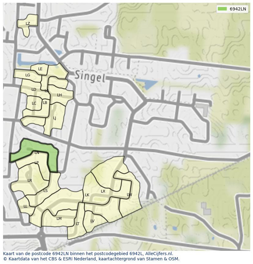 Afbeelding van het postcodegebied 6942 LN op de kaart.