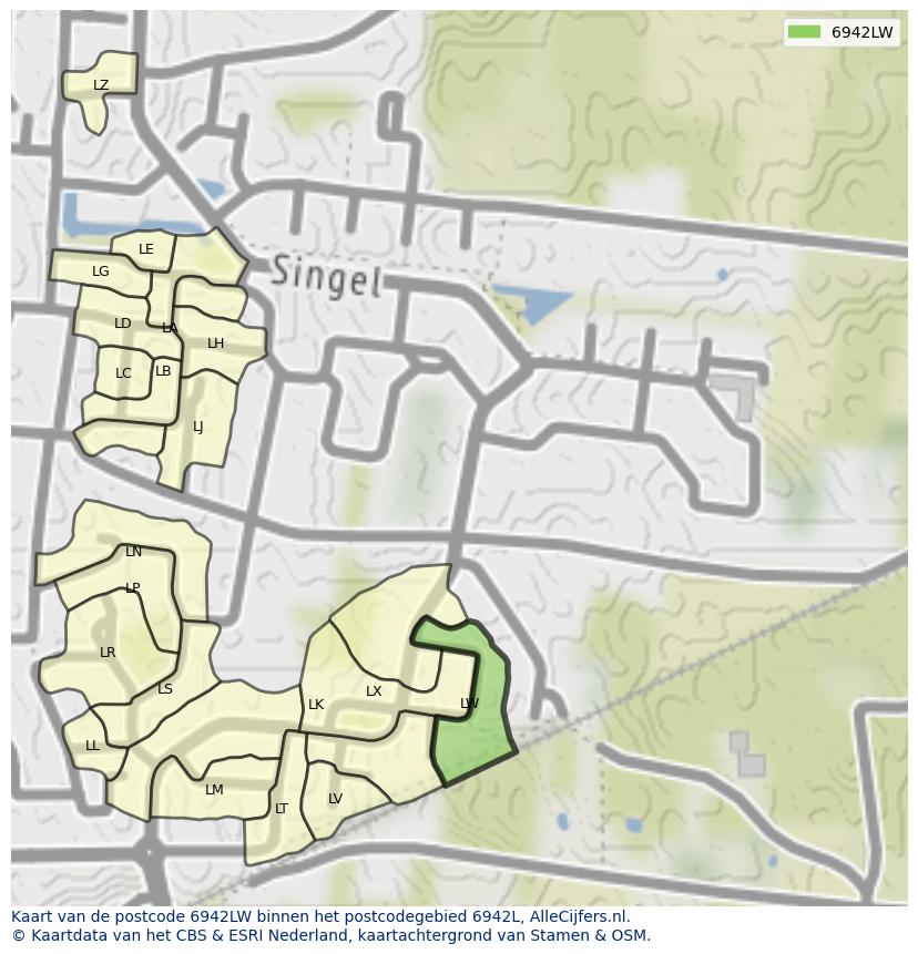 Afbeelding van het postcodegebied 6942 LW op de kaart.