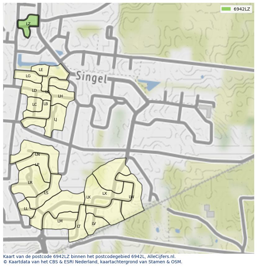 Afbeelding van het postcodegebied 6942 LZ op de kaart.