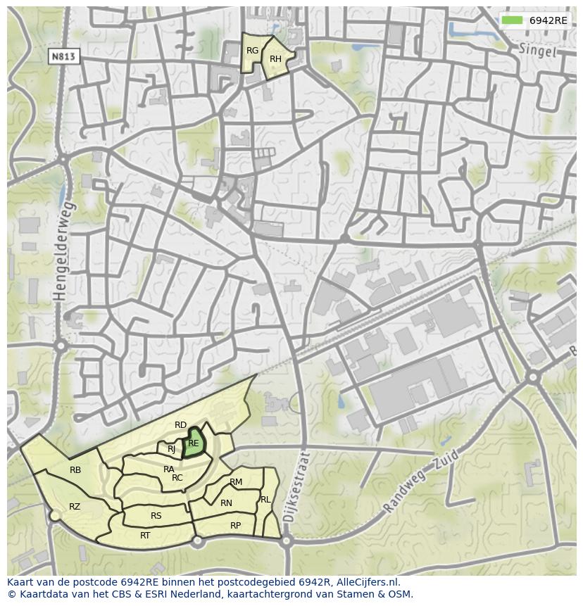Afbeelding van het postcodegebied 6942 RE op de kaart.