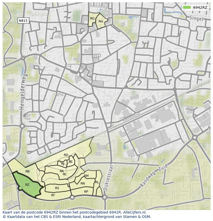 Afbeelding van het postcodegebied 6942 RZ op de kaart.
