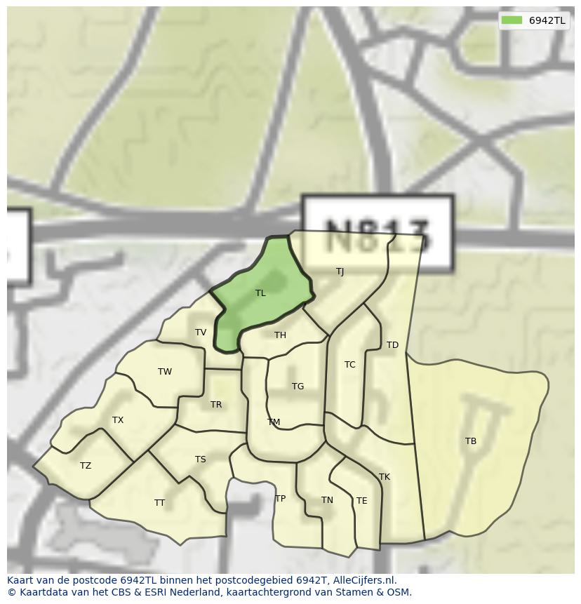 Afbeelding van het postcodegebied 6942 TL op de kaart.