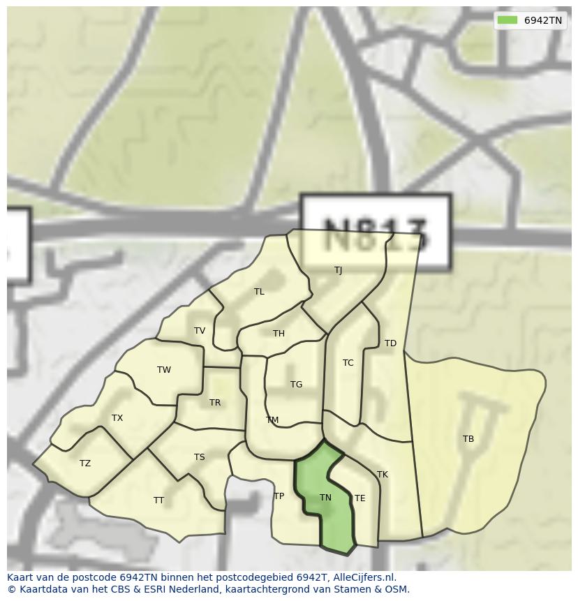 Afbeelding van het postcodegebied 6942 TN op de kaart.