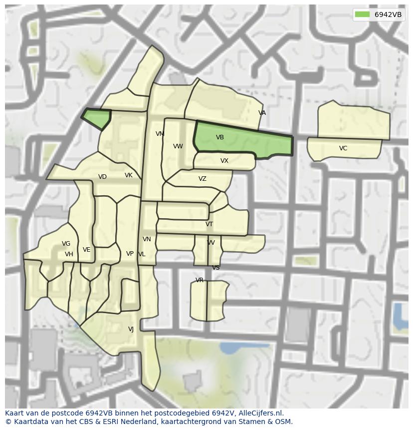 Afbeelding van het postcodegebied 6942 VB op de kaart.