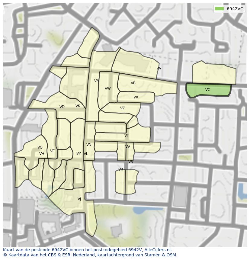 Afbeelding van het postcodegebied 6942 VC op de kaart.
