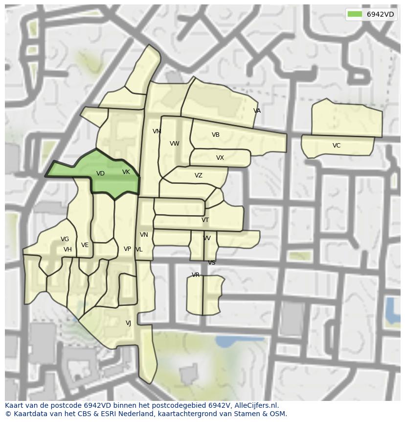 Afbeelding van het postcodegebied 6942 VD op de kaart.