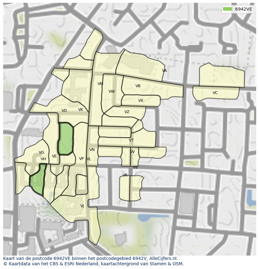 Afbeelding van het postcodegebied 6942 VE op de kaart.