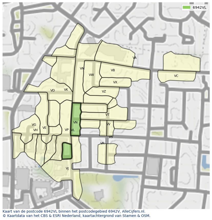 Afbeelding van het postcodegebied 6942 VL op de kaart.