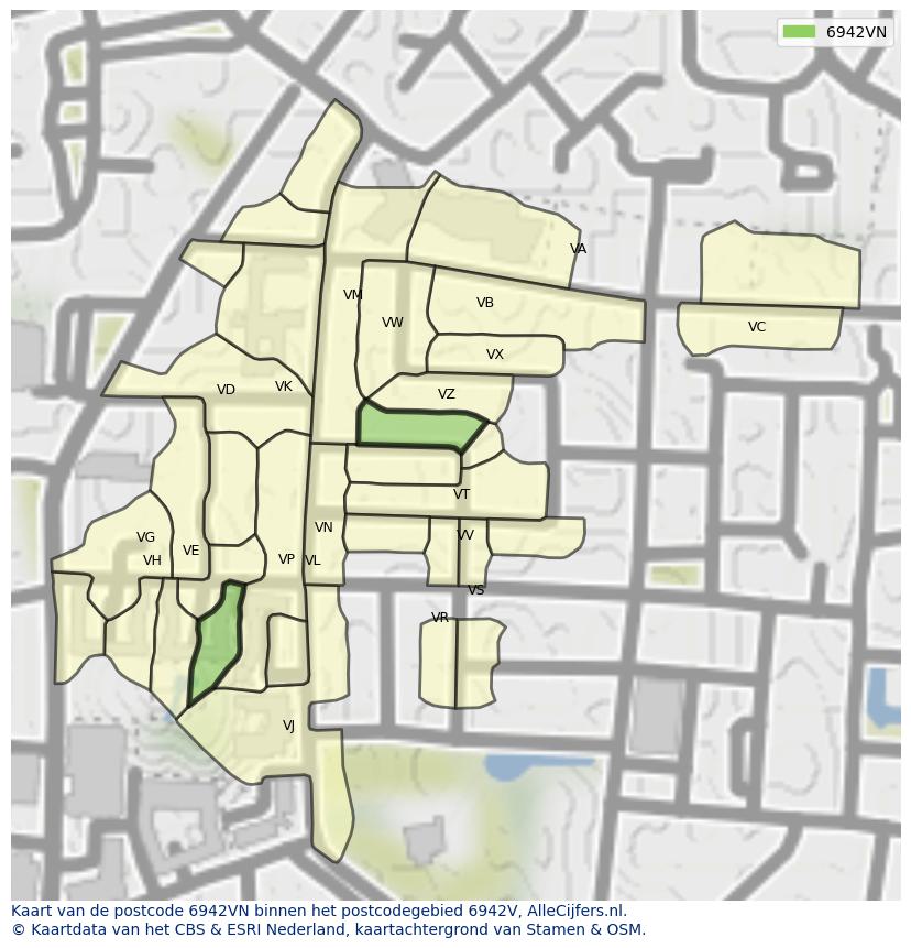 Afbeelding van het postcodegebied 6942 VN op de kaart.