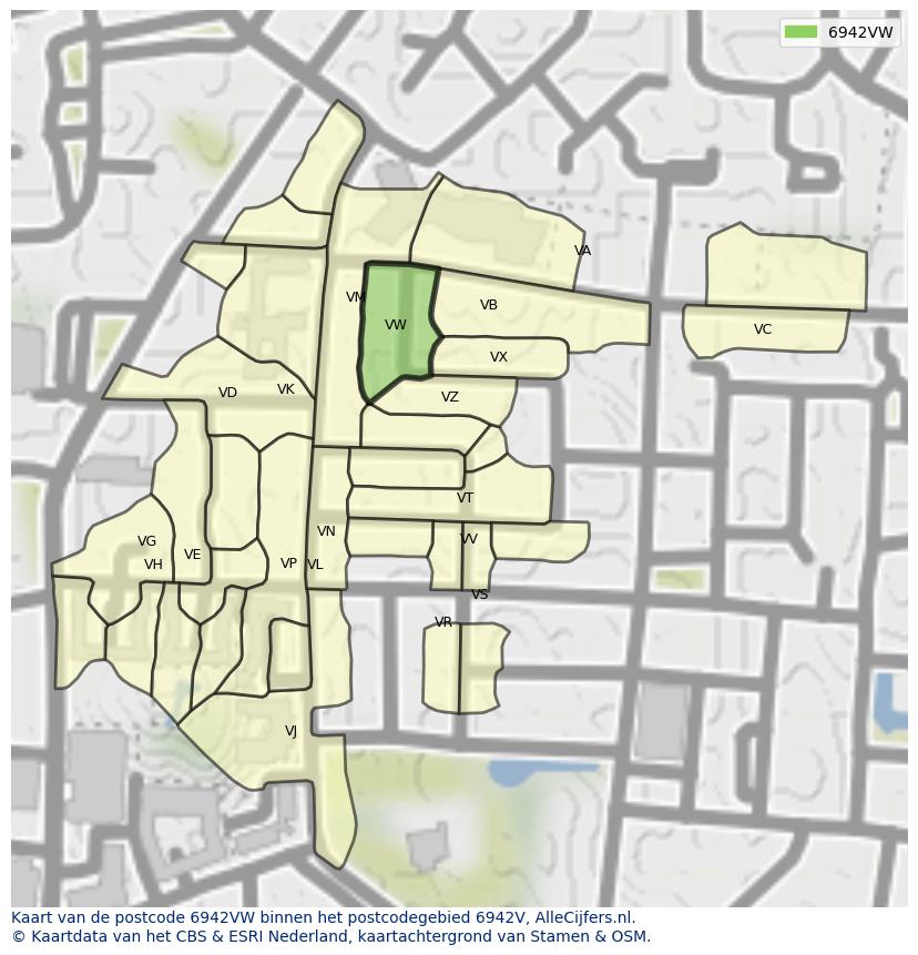 Afbeelding van het postcodegebied 6942 VW op de kaart.