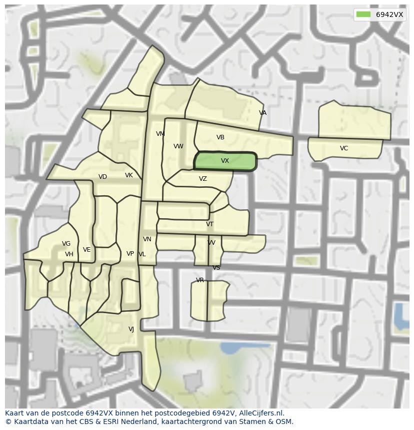 Afbeelding van het postcodegebied 6942 VX op de kaart.