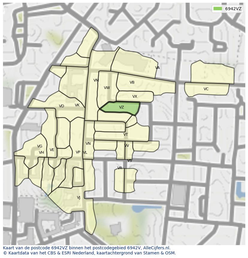 Afbeelding van het postcodegebied 6942 VZ op de kaart.