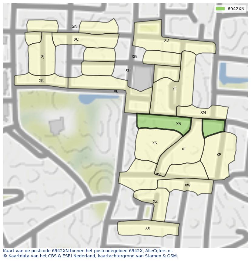 Afbeelding van het postcodegebied 6942 XN op de kaart.