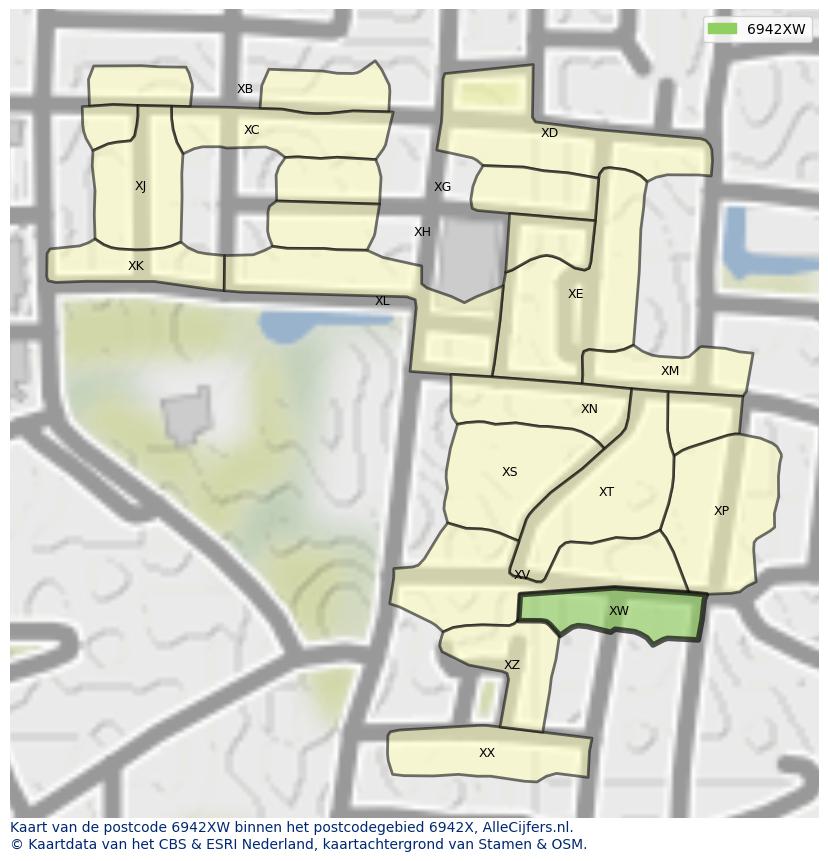 Afbeelding van het postcodegebied 6942 XW op de kaart.