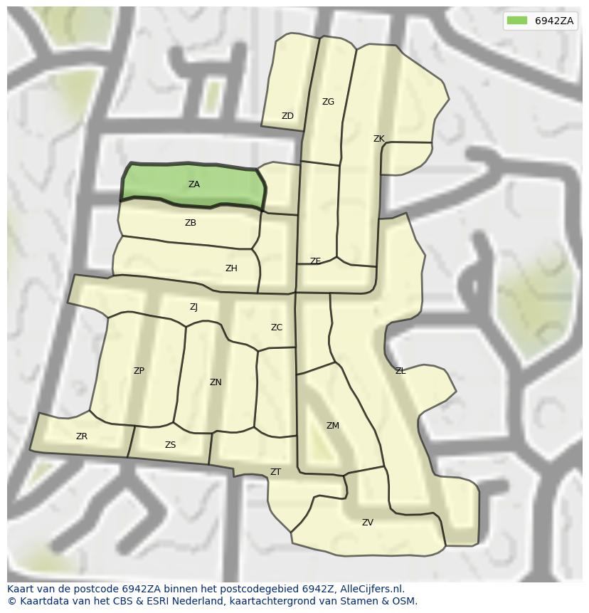 Afbeelding van het postcodegebied 6942 ZA op de kaart.